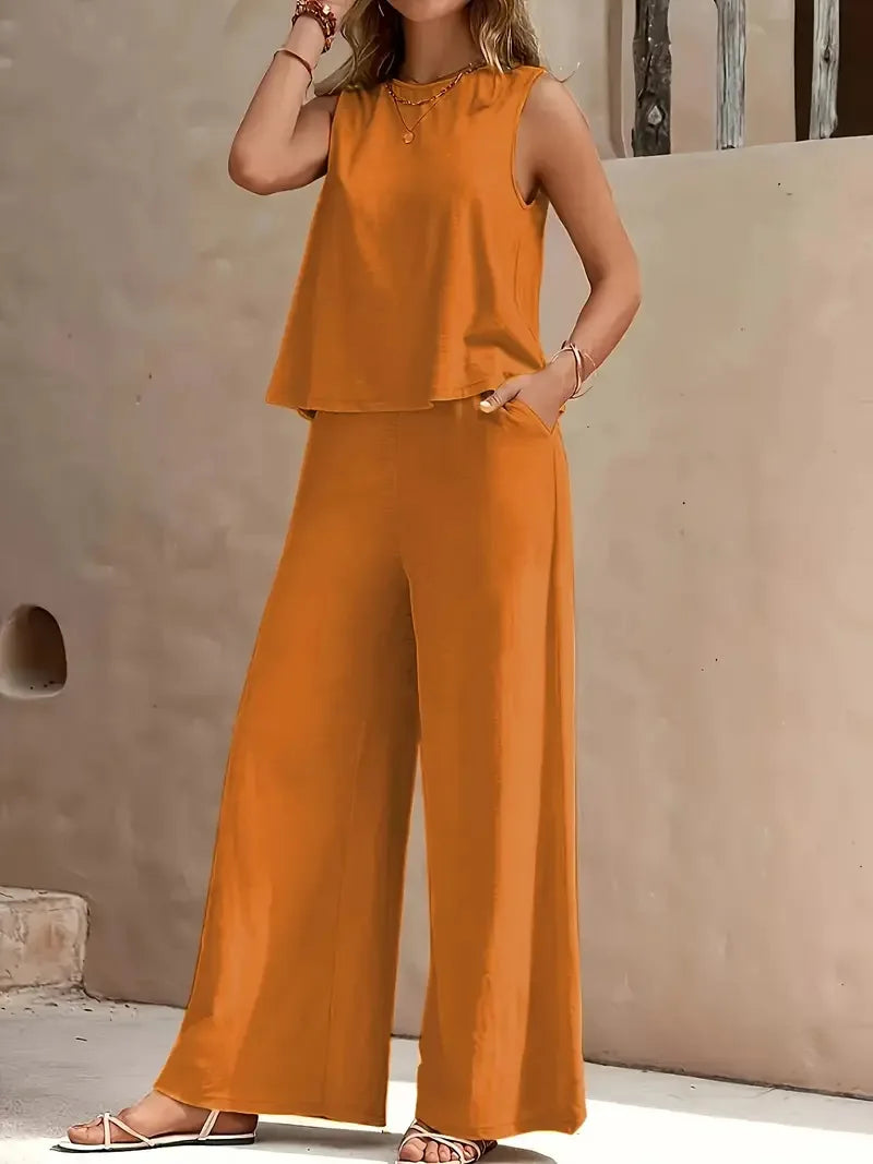 Ticotrendy: Conjunto Elegante de Pantalón y Top Sin Mangas | Color Sólido Verano 2025