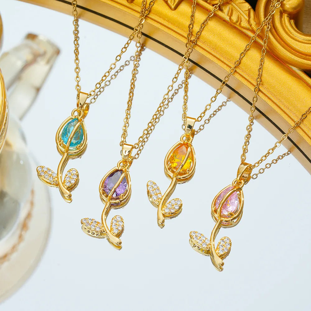 Collares con colgante de tulipán de circón colorido para mujeres y niñas, cadena de acero inoxidable, accesorios de joyería románticos de moda, regalos