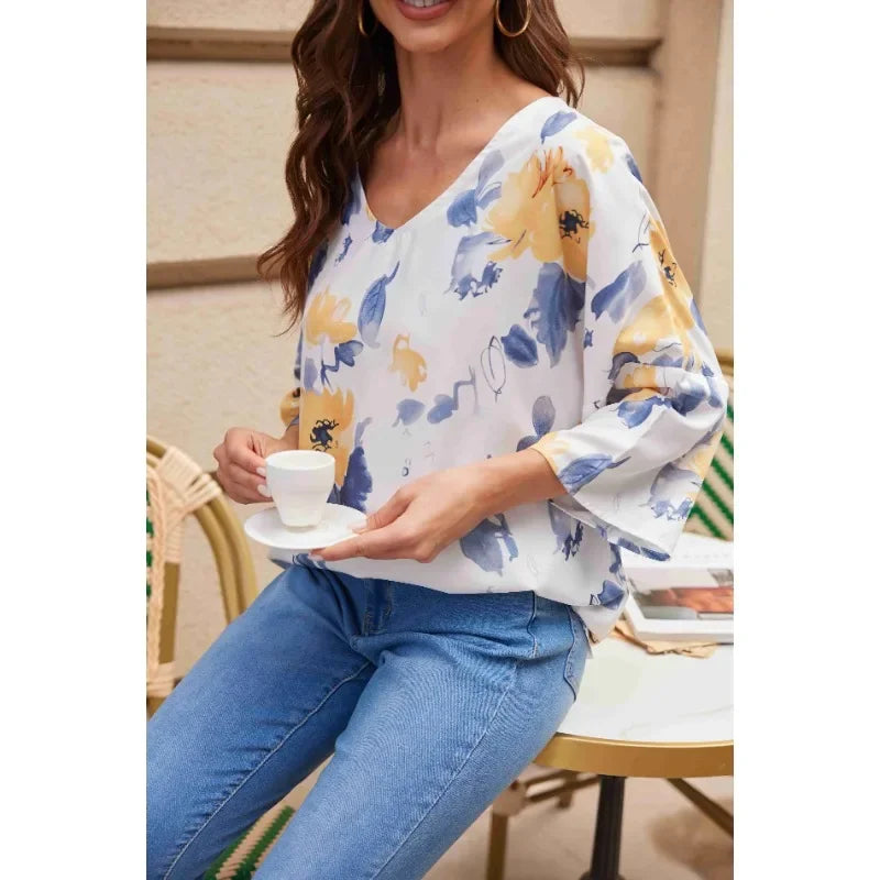 Blusa de manga corta con estampado de flores y media manga con cuello en V de verano para mujer de talla grande 1XL-5XL