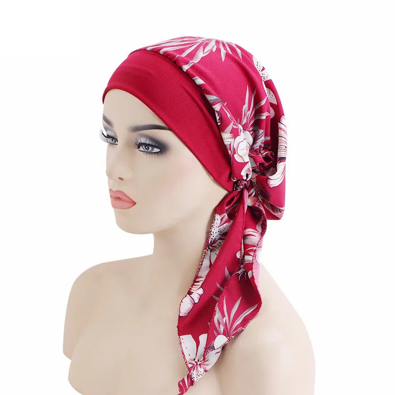 Nuevo pañuelo para la cabeza con estampado satinado para mujer, turbante musulmán elástico preatado, gorro para dormir para quimioterapia, cubierta para la pérdida de cabello, pañuelo para la cabeza