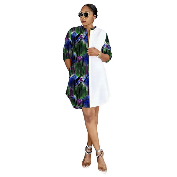 Vestido Africano Cuello Alto con Parches en Blanco