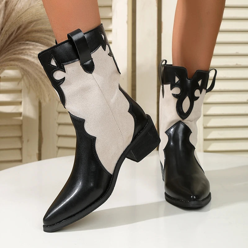 Botines Vaqueros con Punta Estrecha y Tacón Grueso para Mujer