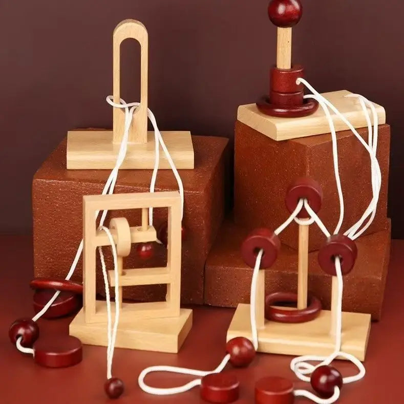 Rompecabezas clásico de rompecabezas, cuerda de enhebrado de madera, solución de cuerda, prueba de IQ Central, juguetes educativos, juegos mentales para niños y adultos