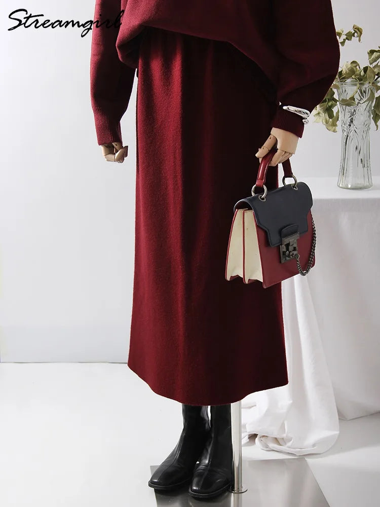 Falda Maxi Recta de Punto con Abertura Estilo Coreano Casual
