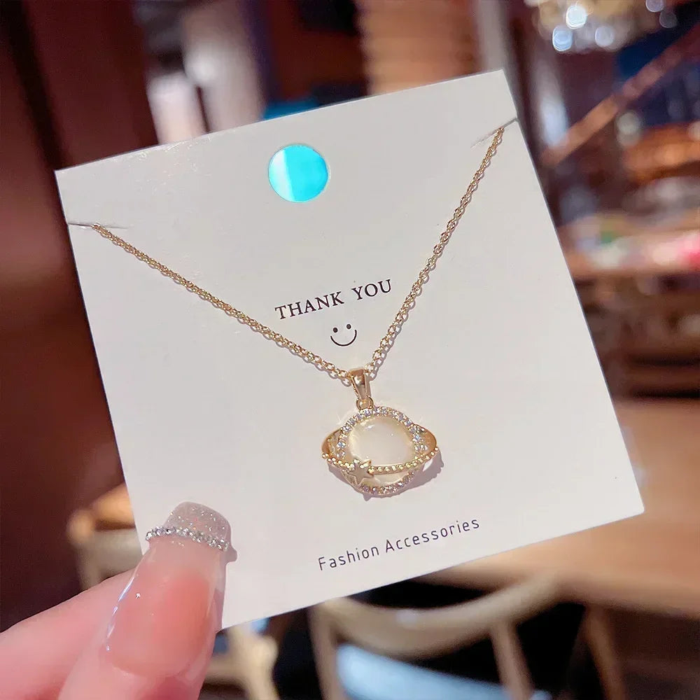Collares de Planeta de piedra lunar de circón de acero inoxidable para mujeres y niñas, Color dorado, joyería de moda, regalos, accesorios para amigos