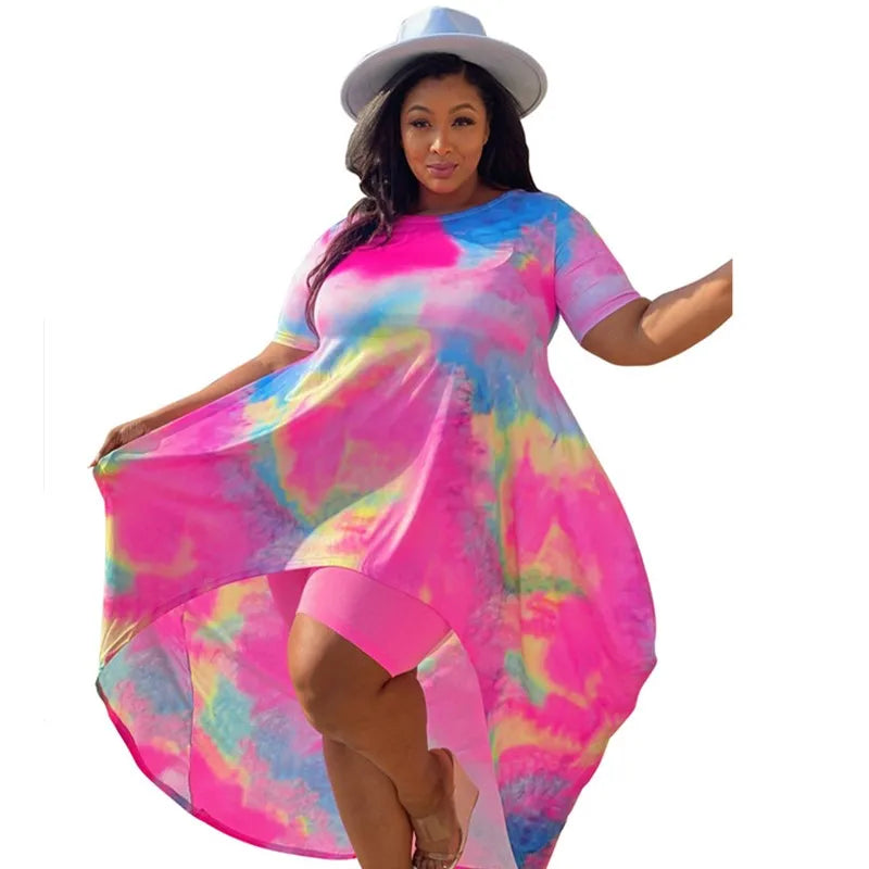 Conjuntos de pantalones cortos de talla grande para mujer, trajes de dos piezas de estilo Tie Dye, Top largo, Leggings cortos, trajes al por mayor, envío directo