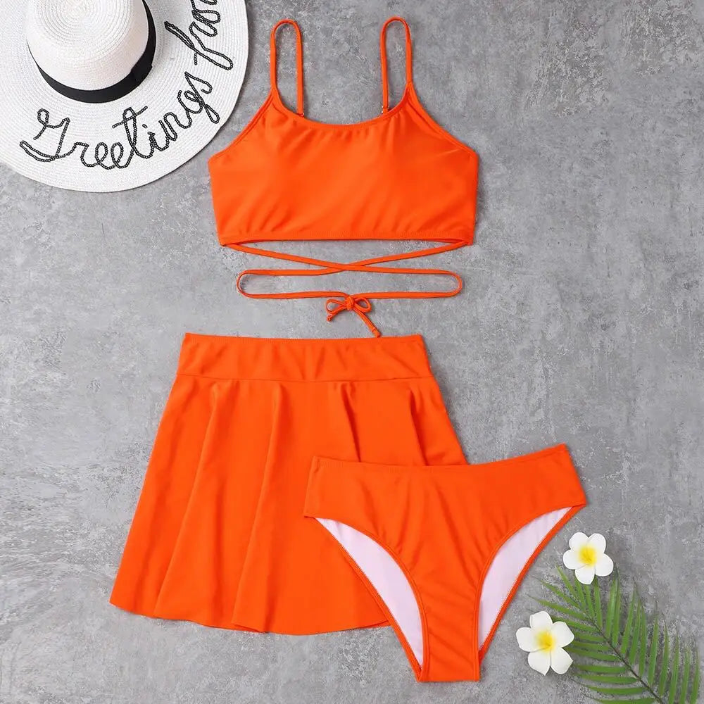 Bikini de 3 Piezas Talla Grande | Falda Cintura Alta | Color Sólido