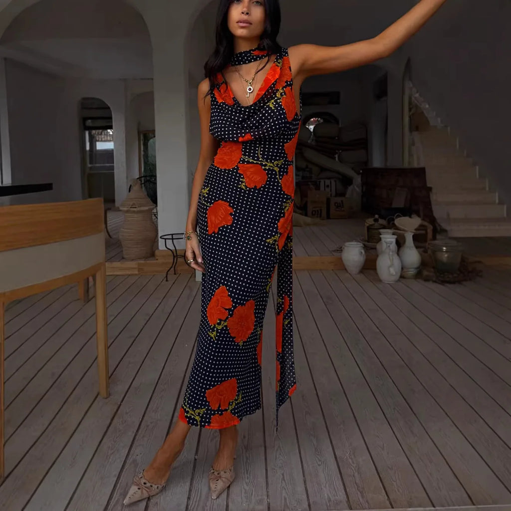 Vestido Largo Estampado de Cintas, Top Tubo
