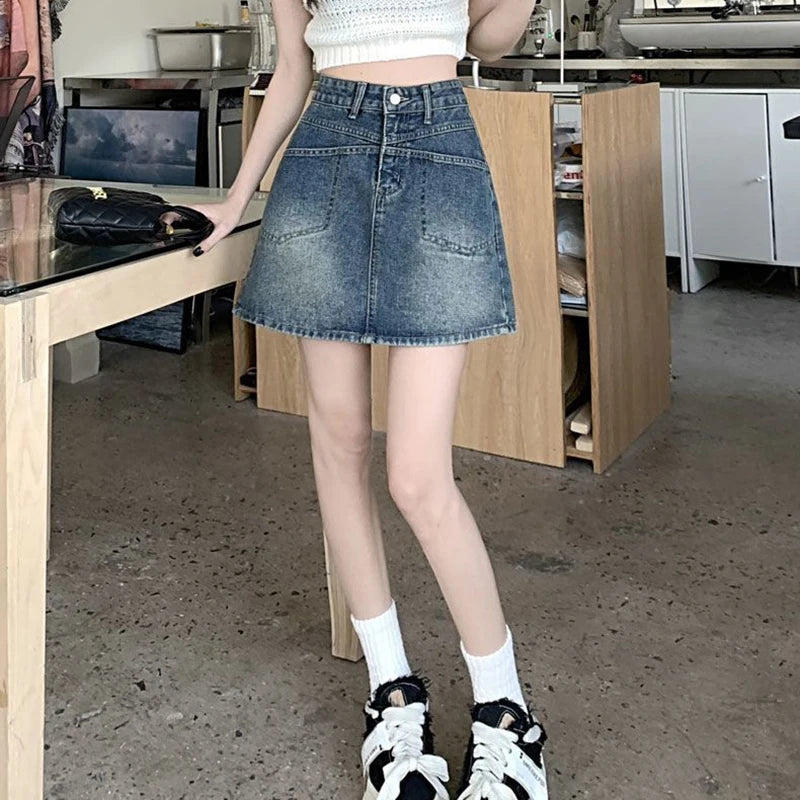 Falda Mini Vaquera Acampanada Cintura Alta | Estilo Coreano Casual Bolsillos