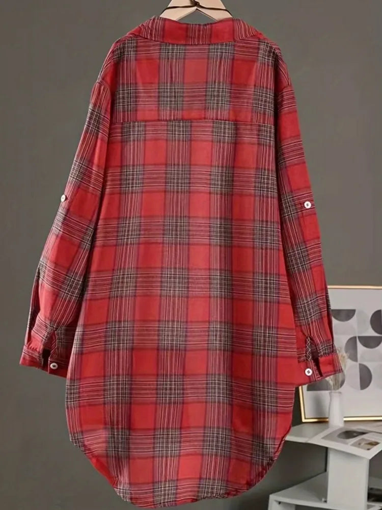 Camisa Algodón Lino Cuadros Plus Size | Holgada Manga Media Largo Midi | Tallas 1XL-5XL | Tico Trendy