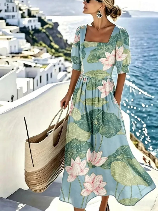 Vestido Corto Estampado Cuello Cuadrado con Bolsillos