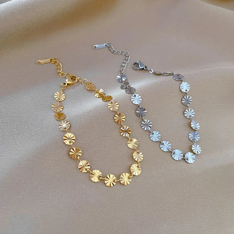 Pulseras con dijes redondos de acero inoxidable Vintage simples para mujeres y niñas, pulsera de cadena de Color dorado y plateado, accesorios, regalos de joyería
