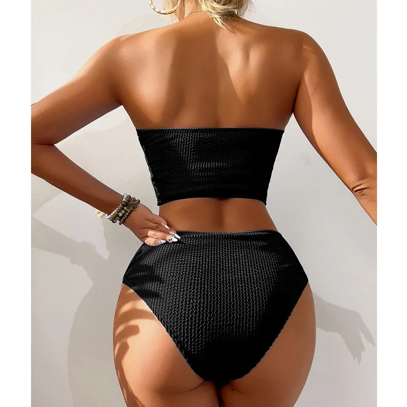 Tankini Triangular de Textura Sólida - Traje de Baño de Color Sólido