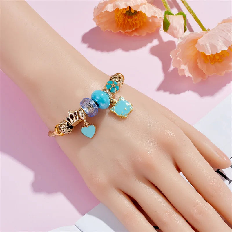 Pulseras con dijes de corona de flor de gato para mujeres y niñas, brazalete de acero inoxidable de Color dorado, accesorios dulces, joyería, regalo de Navidad