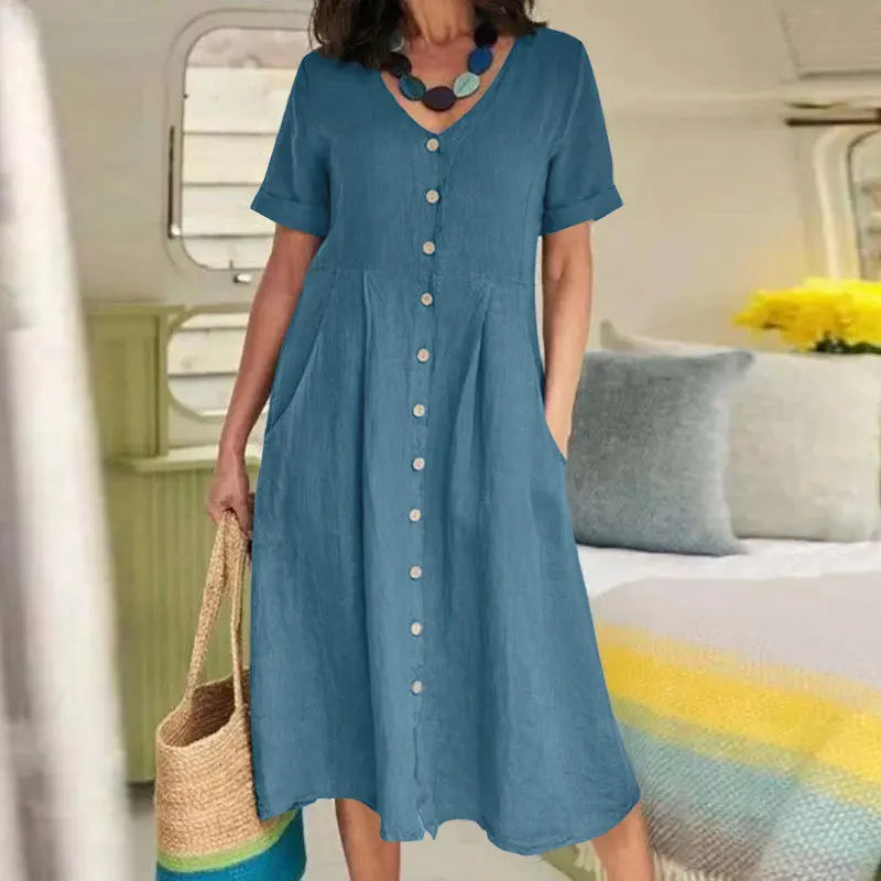 Vestido Camisero de Algodón y Lino Cintura Alta
