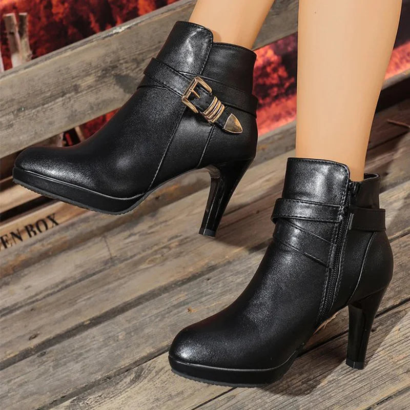 Botines Elegantes para Mujer - Tacón Fino Hebilla Cremallera Punta Estrecha