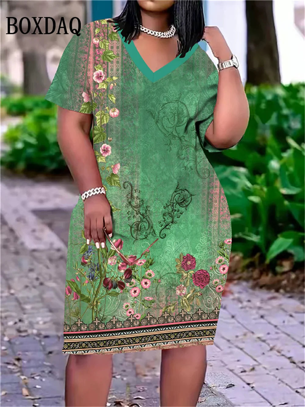 Vestido de Manga Corta con Estampado 3D de Calavera | Cuello en V y Talla Grande | Moda Verano | Tico Trendy