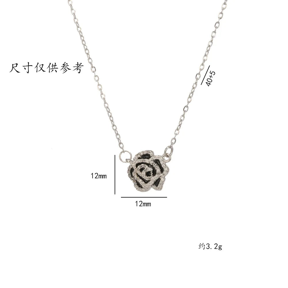 Cadena de acero inoxidable Vintage flor de Camelia negra con colgante de circón collares para mujeres niñas elegante gargantilla dulce joyería