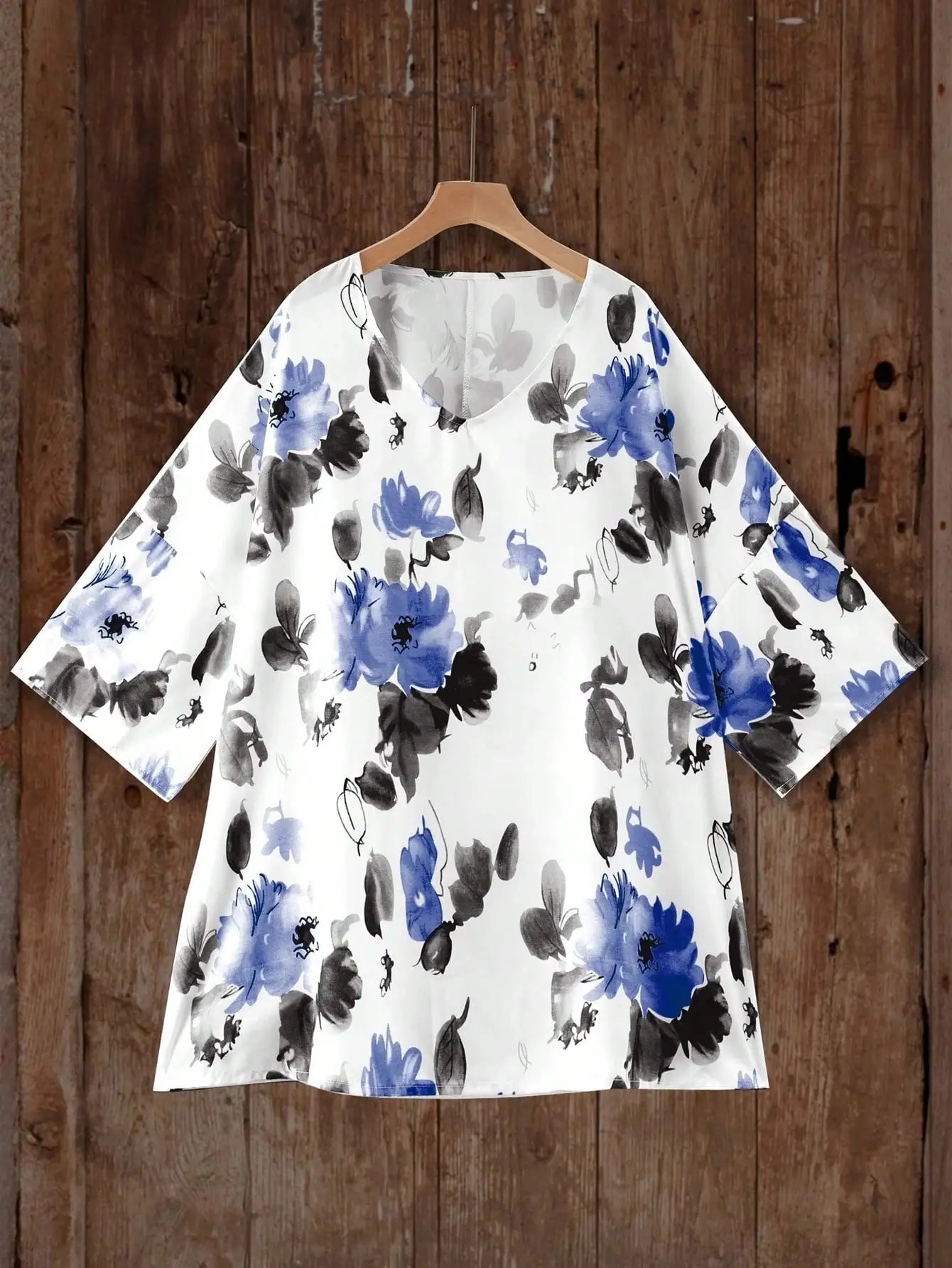 Blusa de manga corta con estampado de flores y media manga con cuello en V de verano para mujer de talla grande 1XL-5XL