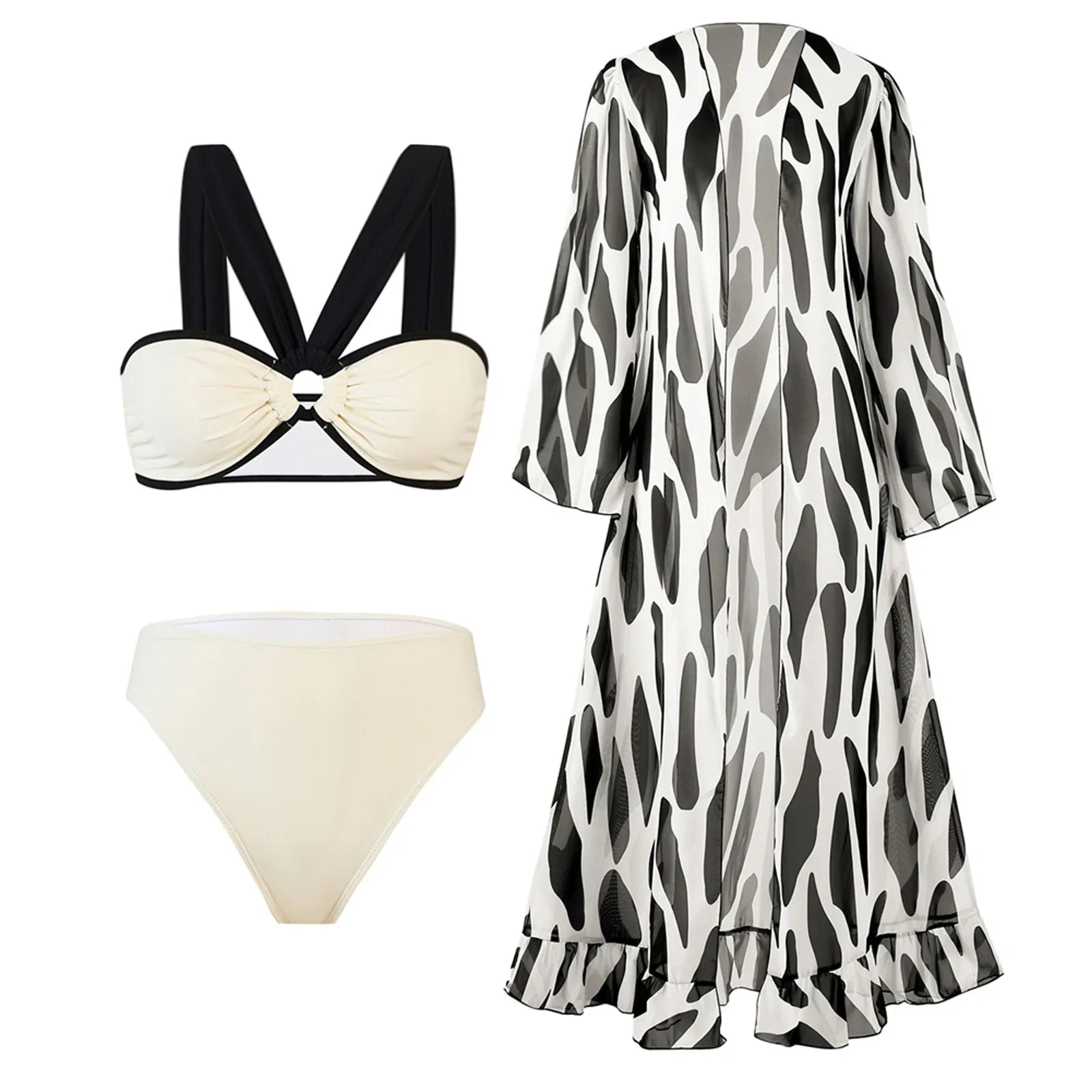 Conjunto de Bikini de Gasa de 3 Piezas - Traje de Baño Divisado para Playa