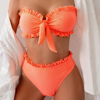 Bikini Bandeau con Volantes de Color Sólido - Conjunto de Dos Piezas