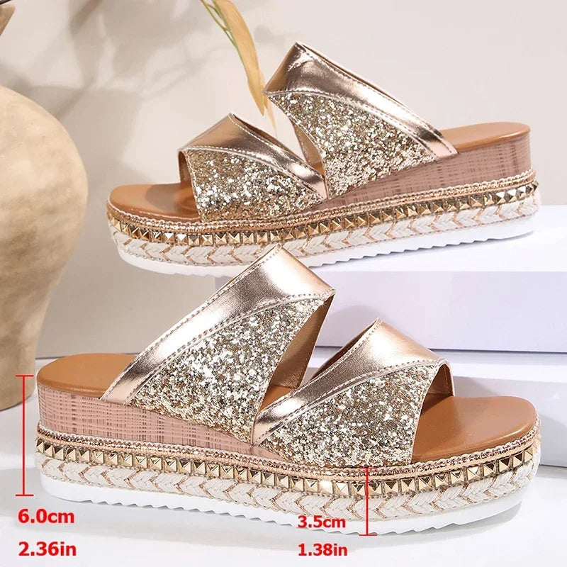 Sandalias de Cuña Doradas con Lentejuelas | Mujer
