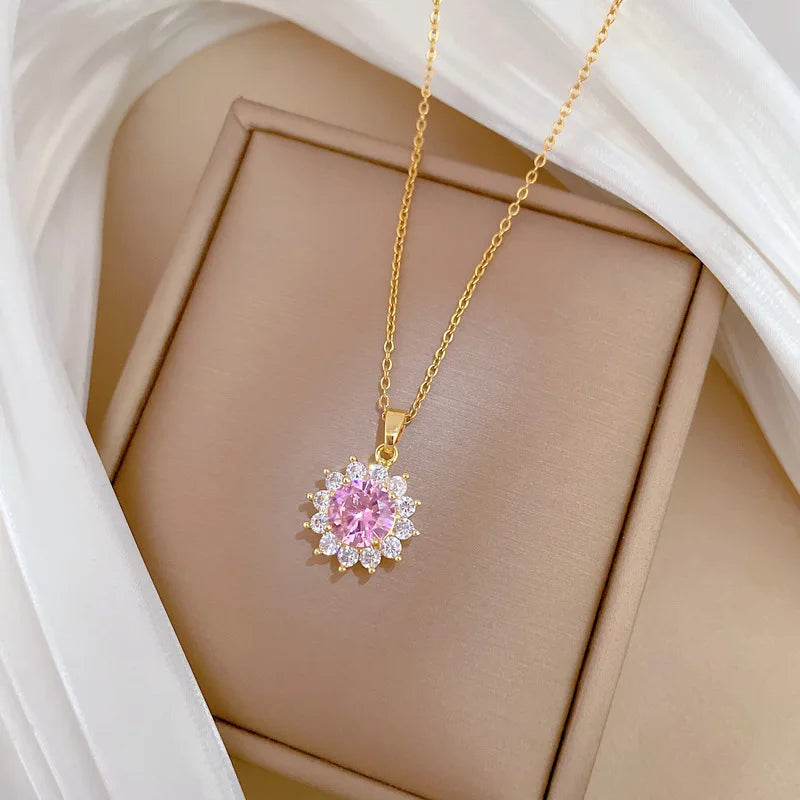 Collar Flor Circón Rosa ∣ Cadena Acero Inoxidable ∣ Lujo Simple Femenino