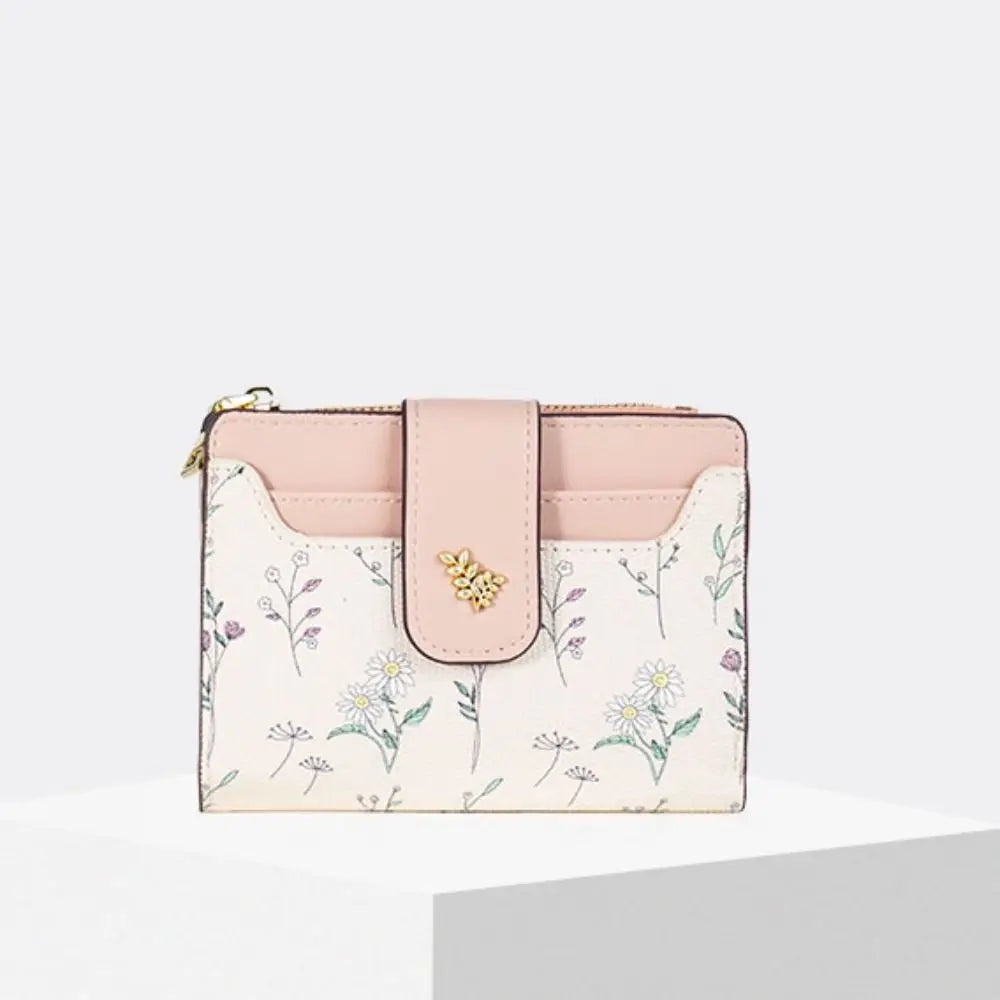 Cartera corta delgada de cuero PU INS, monedero con cremallera para múltiples tarjetas, monedero con flores pequeñas, cartera con cremallera para mujer y niña