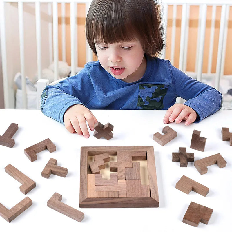 Rompecabezas de bloques rusos de nogal, rompecabezas de madera 3D Tangram IQ, entrenamiento lógico, rompecabezas, juguetes educativos Montessori, juegos de aprendizaje