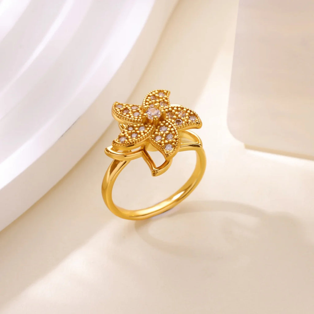 Anillo Ticotrendy Giratorio | Molino Flor Estrella Circón | Acero Inox Oro | Joyería Boda