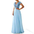 Vestido elegante de gasa con lentejuelas para mujer, cuello en V, dobladillo plisado, lentejuelas femeninas, vestido largo de cóctel para graduación, vestido de noche de boda