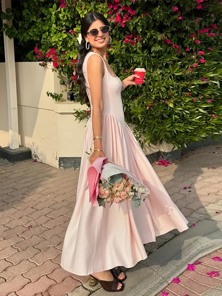 Vestido Camisola Largo sin Mangas Elegante con Cuello Cuadrado