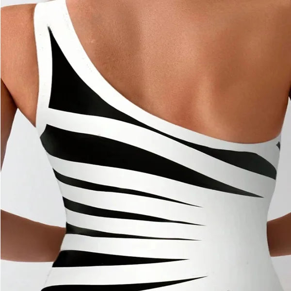 Traje de Baño Enterizo Un Hombro | Rayas Colorblock | Plisado Elegante