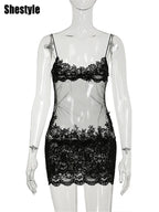 Minivestido Shestyle de Encaje Transparente | Bordado y Tirantes de Espagueti | Discoteca