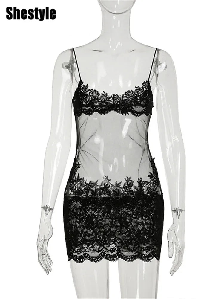 Minivestido Shestyle de Encaje Transparente | Bordado y Tirantes de Espagueti | Discoteca