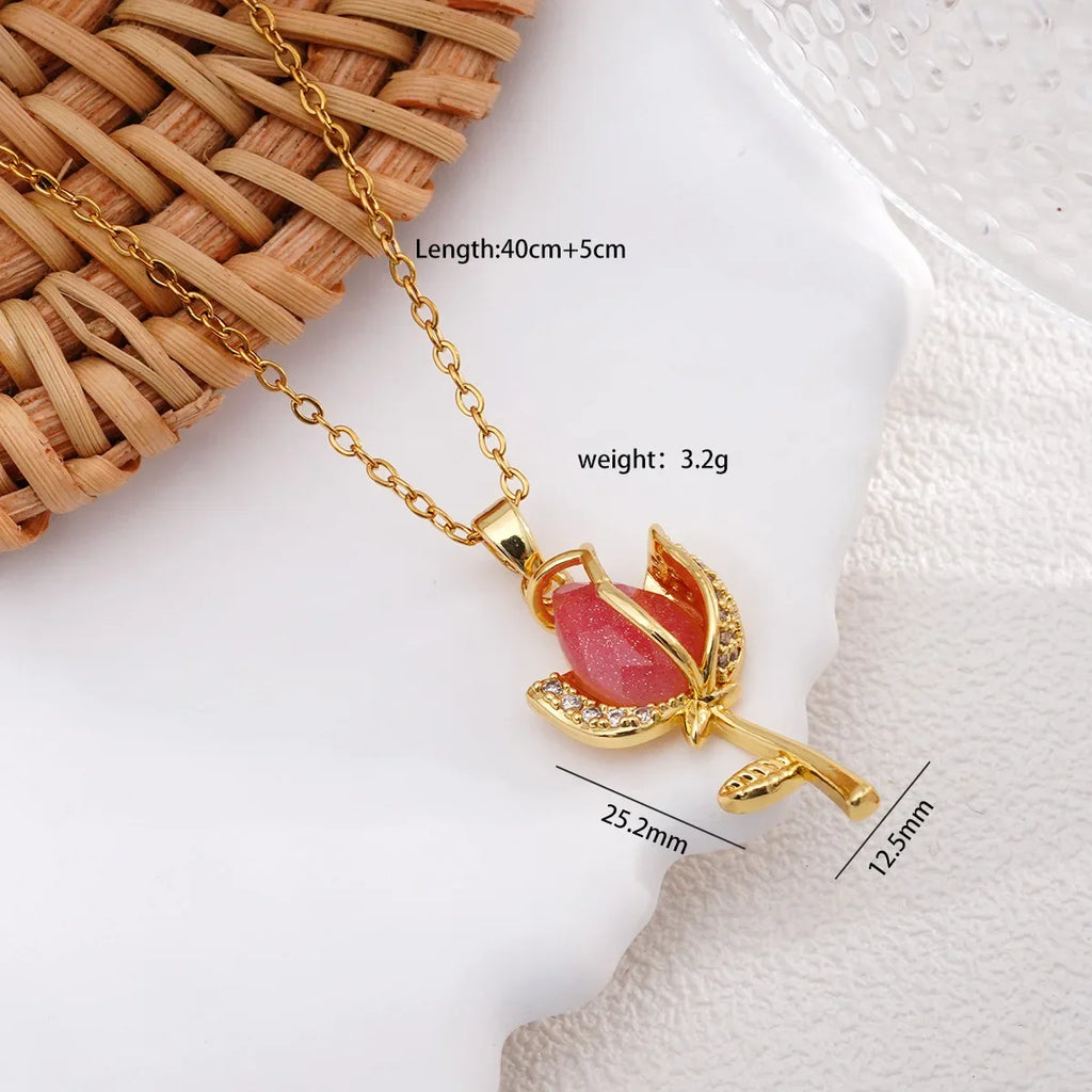 Cadena de acero inoxidable elegante colorido cristal circón tulipán flor colgante collares para mujeres niñas Color oro joyería de moda