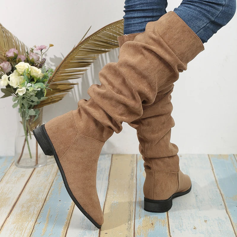 Botas Hasta La Rodilla Gamuza Vintage Tacón Grueso Tica Elegante