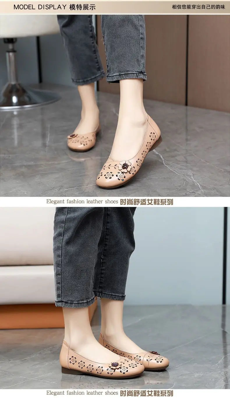Mocasines de Cuero con Diseño Floral | Recortes Blancos | Planos | Informales