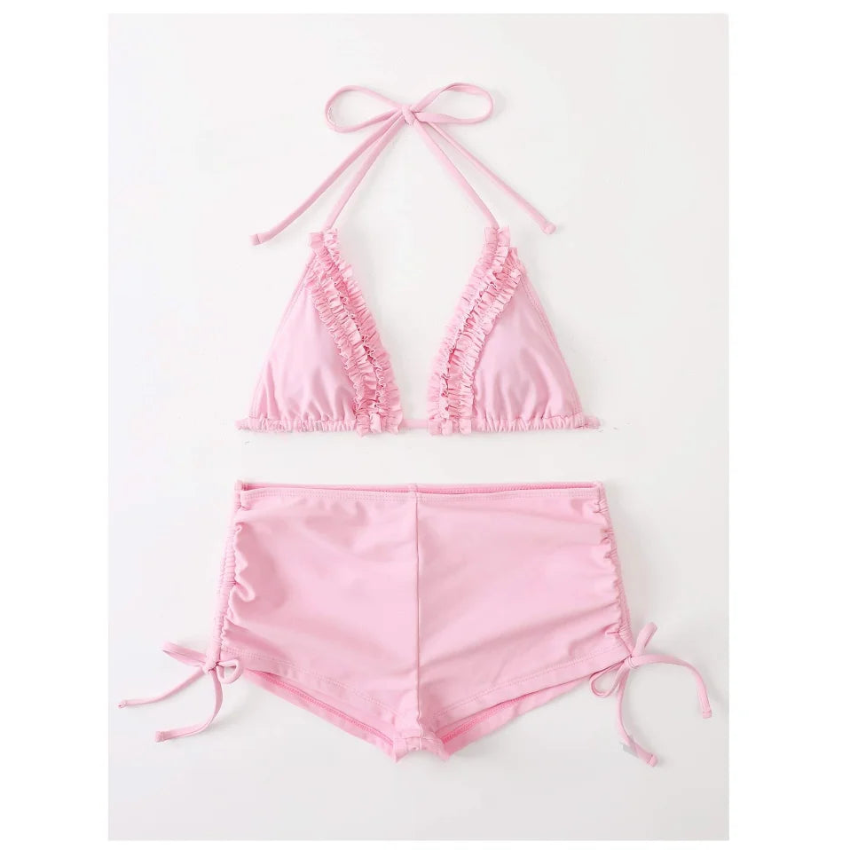 Bikini Triangular con Volantes y Cordón Halter - Microbikini de Verano