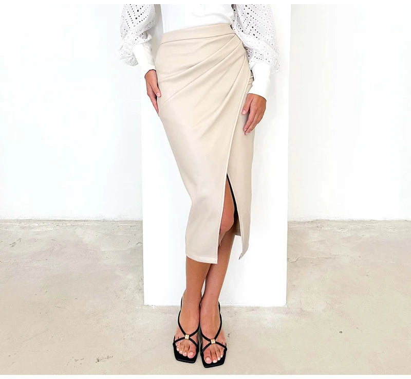 Falda Midi De Cuero Sintético Con Abertura Y Pliegues Sexy