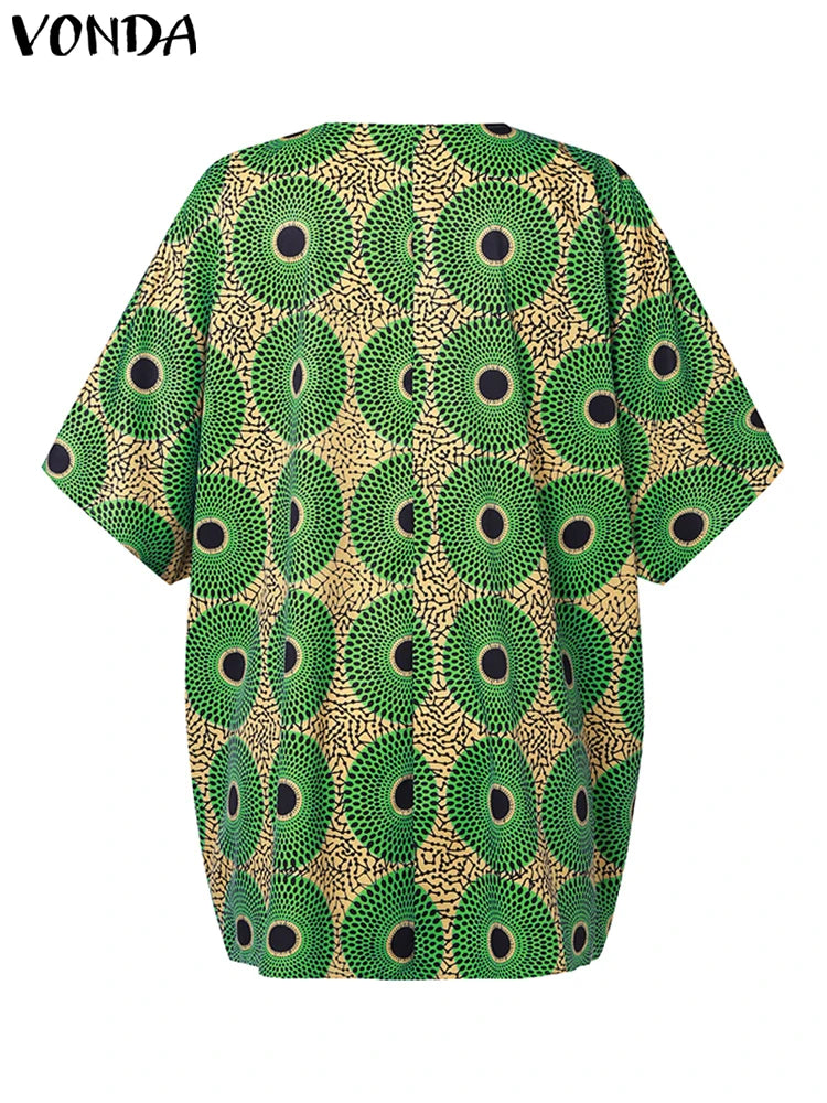 Blusa de talla grande 5XL VONDA para mujer, Tops estampados Vintage, camisas bohemias con cuello en V de verano, Blusas holgadas informales con manga de murciélago