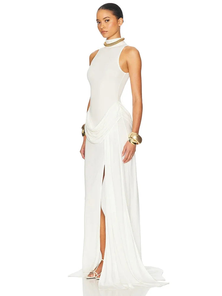 Vestido Largo Plisado sin Mangas | Cuello Alto Elegante