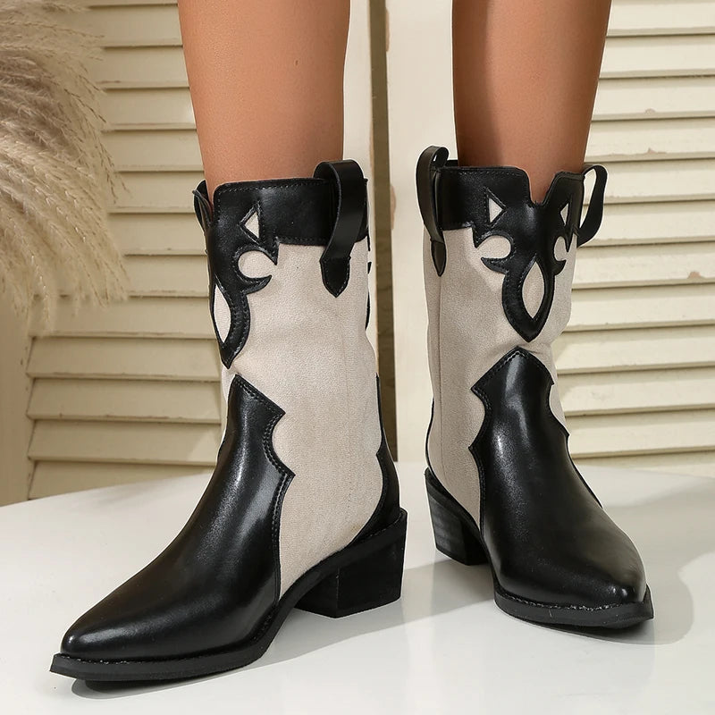 Botines Vaqueros con Punta Estrecha y Tacón Grueso para Mujer