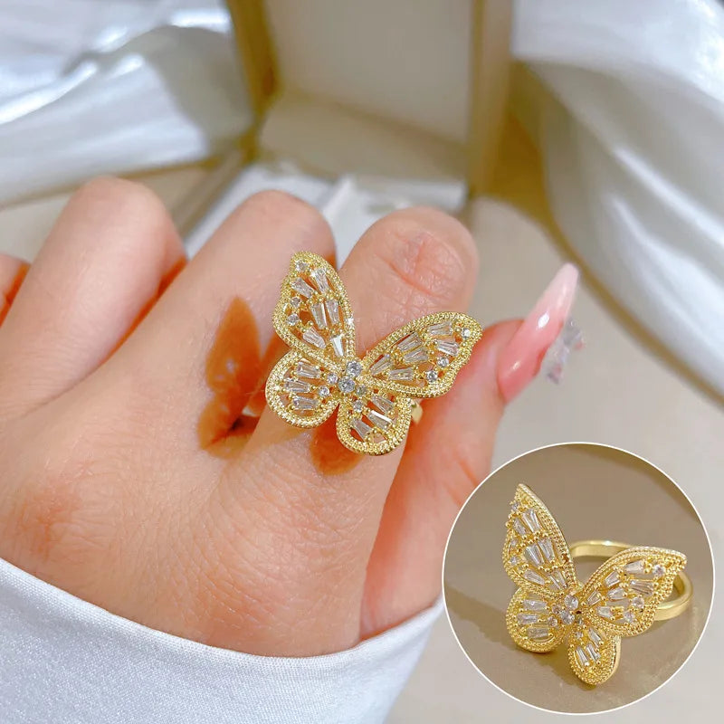 Anillos de cobre de mariposa de circón brillante de lujo para mujeres y niñas, anillo abierto ajustable para dedo, accesorios de fiesta diarios, regalos para amigos