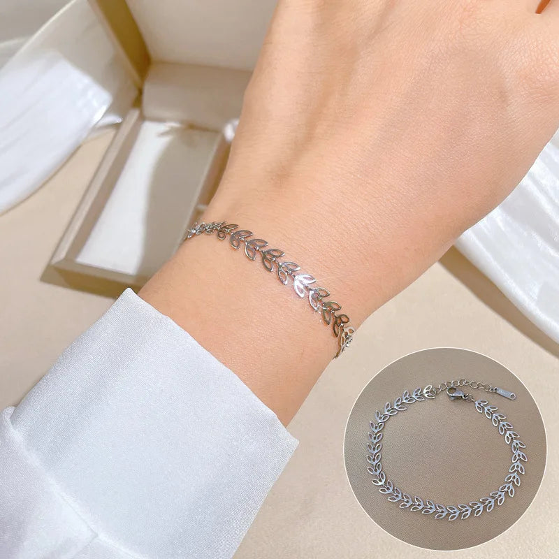 Pulseras de cadena de hojas huecas simples de acero inoxidable para mujeres y niñas, pulsera de Color dorado y plateado a la moda, accesorios de joyería