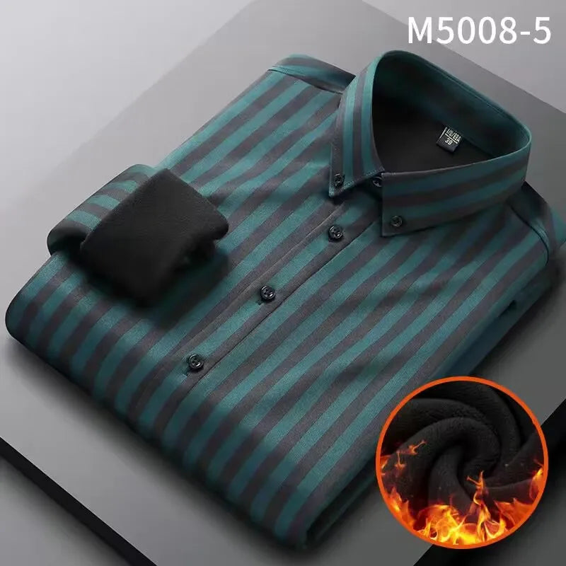 Camisa Rayas Terciopelo Hombre | Engrosada Cálida | Negocios Casual | Invierno S-4XL