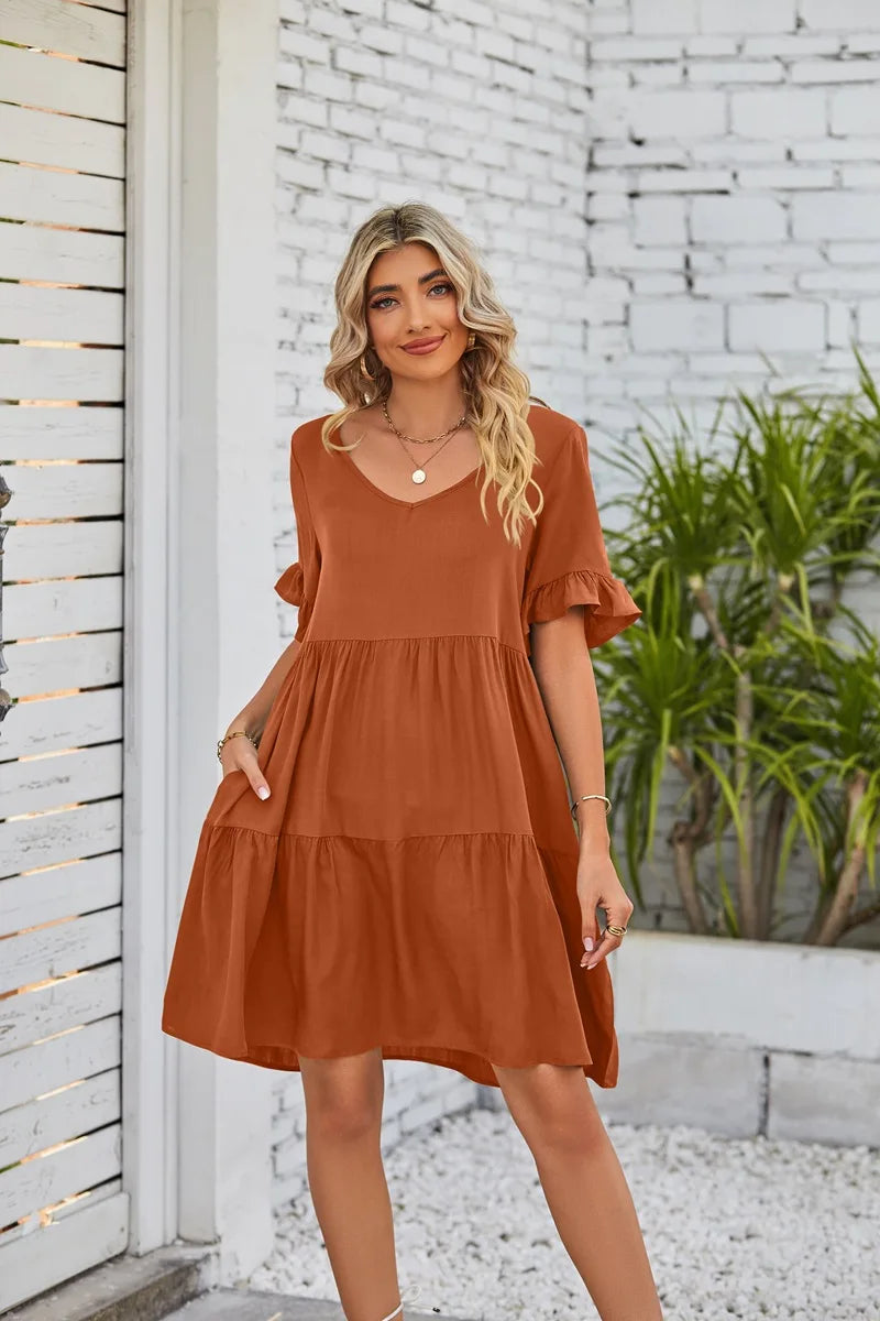 Vestido Midi de Playa | Algodón Liso Cuello V | Mangas Cortas con Volantes | Tico Trendy