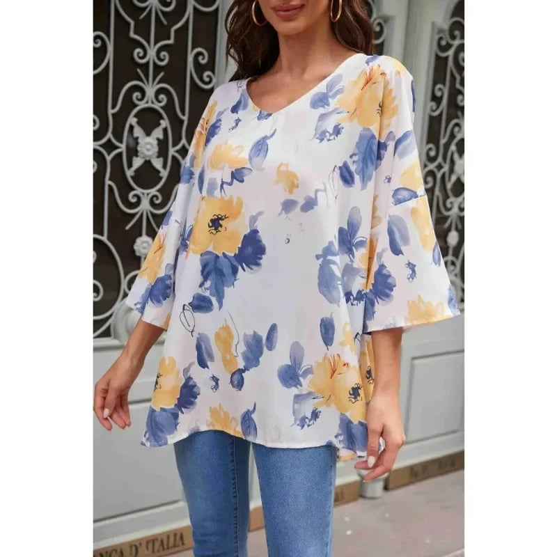 Blusa de manga corta con estampado de flores y media manga con cuello en V de verano para mujer de talla grande 1XL-5XL