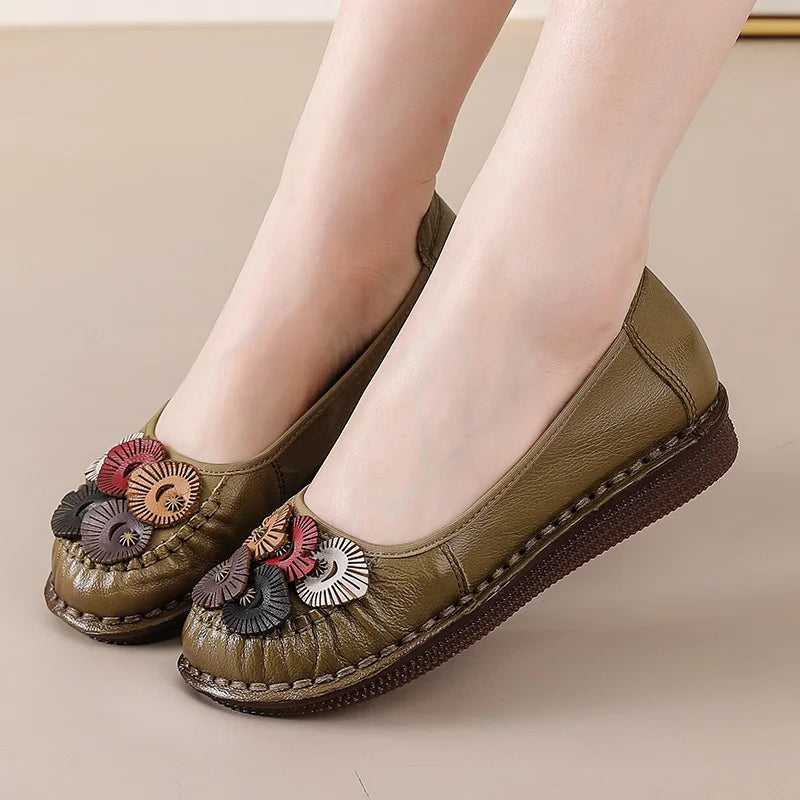 Mocasines Étnicos de Cuero Genuino para Mamá | Punta Redonda | Antideslizantes | Verano 2025