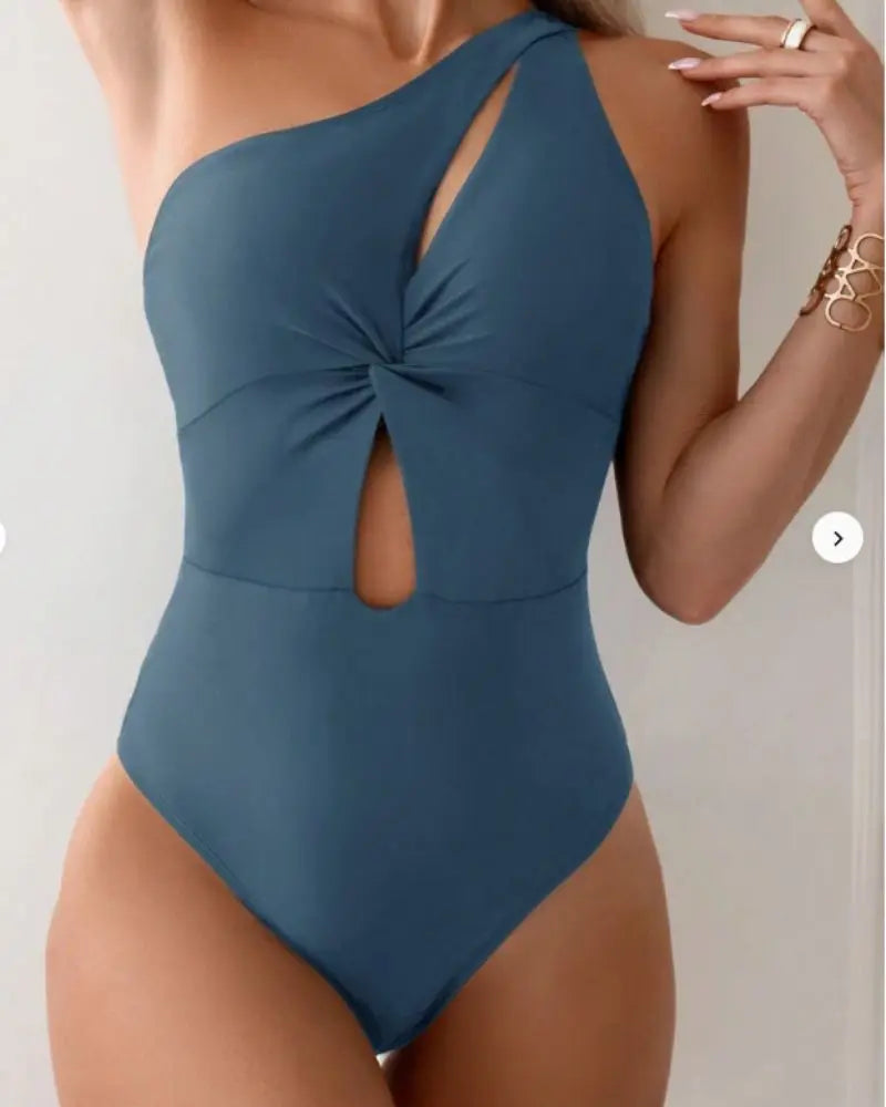 Traje de Baño Una Pieza | Un Hombro Sin Mangas | Diseño Ahuecado | Color Sólido